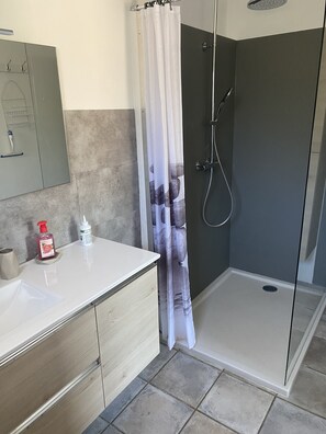 Ensemble baignoire-douche, séchoir à cheveux, serviettes fournies