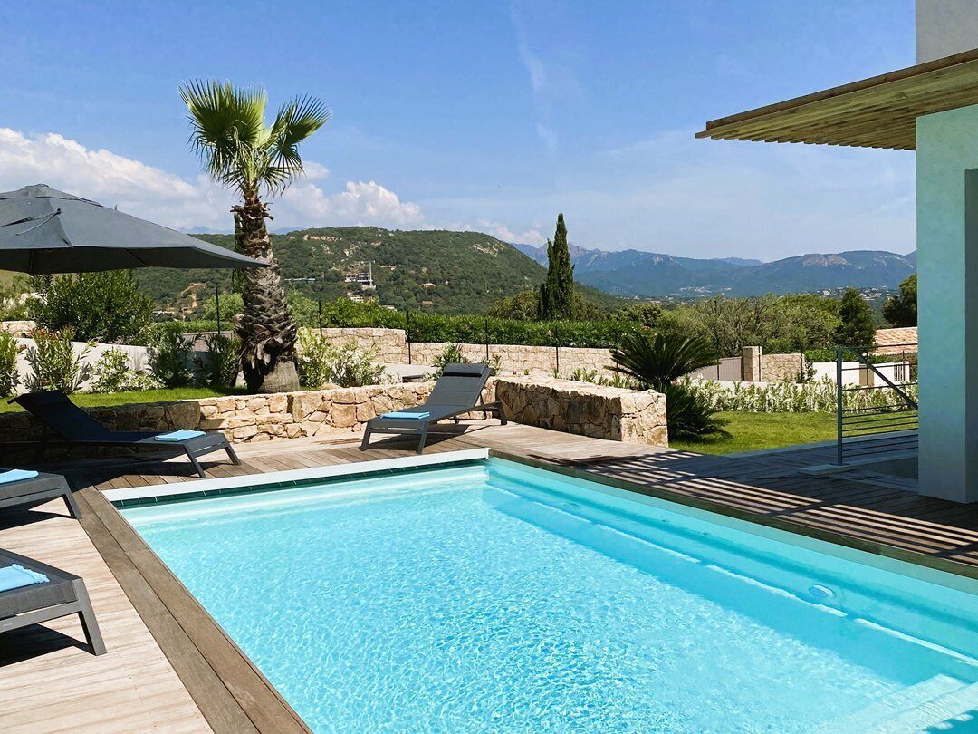 A swimming pool with lounge chairs and a palm tree, surrounded by stone walls and a view of mountains.