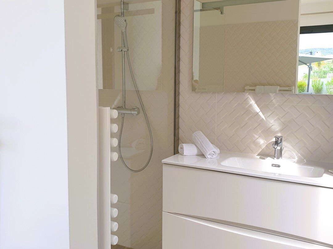 Een badkamer met een douche, wastafel en spiegel.