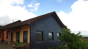 Une maison à deux étages, avec une façade bleu foncé et un toit marron. Une grande fenêtre se trouve au deuxième étage et une fenêtre plus petite au premier étage. La maison est entourée de verdure et possède une allée pavée.