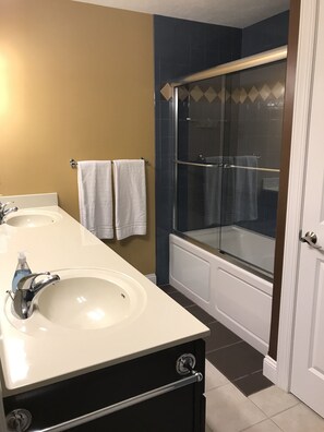Combined shower/bathtub, jetted bath, hair dryer, towels - Bay View, Downtown Traverse City Condo (Traverse City)