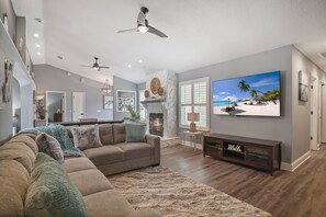 Smart TV, fireplace, video games, DVD player