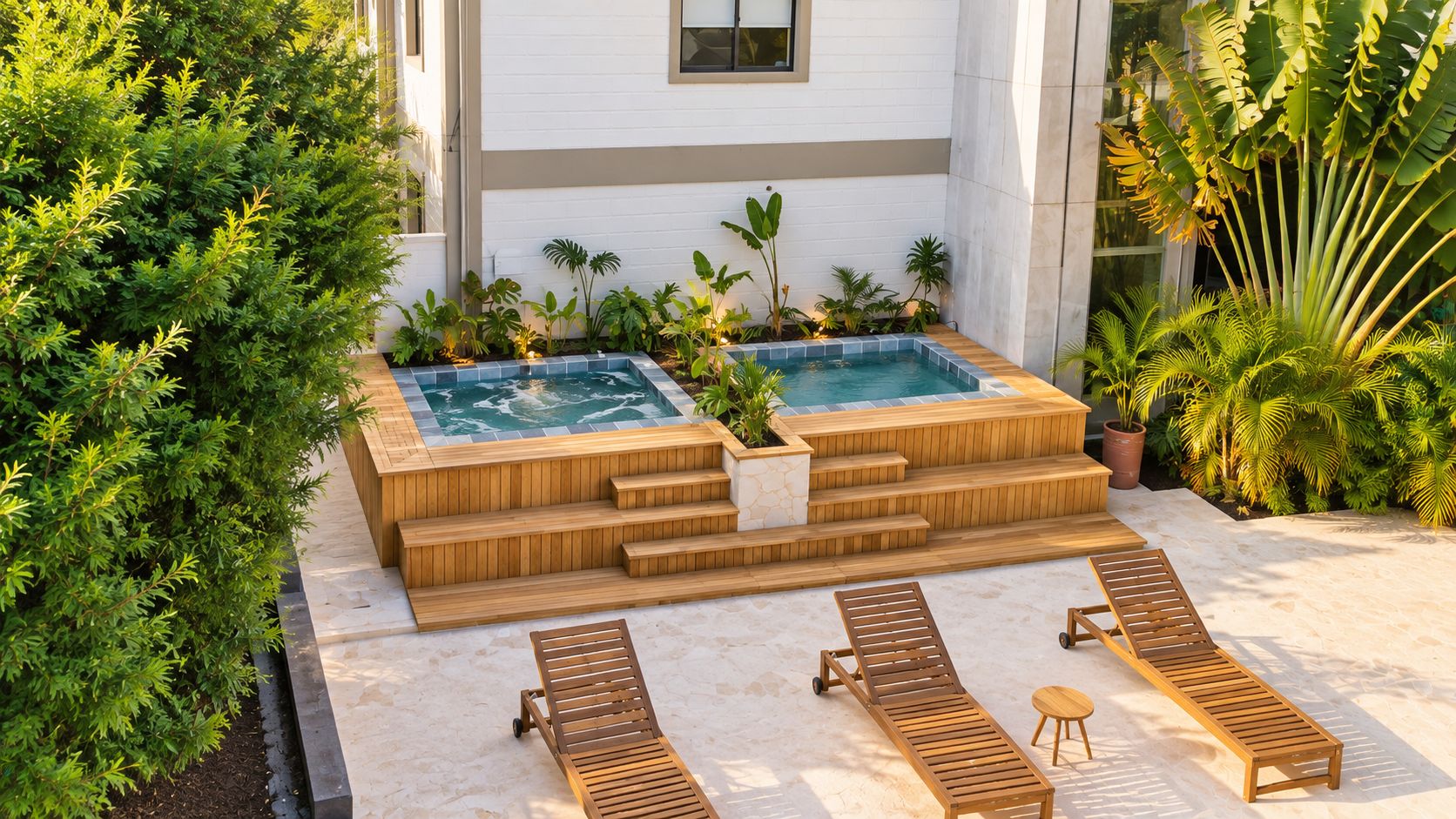 A spa area with two hot tubs, wooden steps, and lounge chairs.