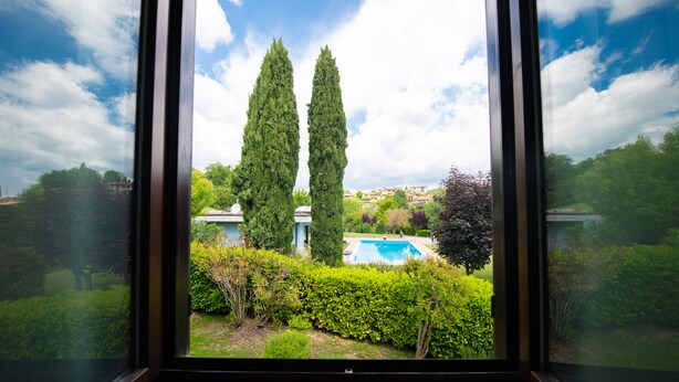 Blick durch ein Fenster auf einen Garten mit Schwimmbad, zwei hohe Bäume und ein Gebäude im Hintergrund.