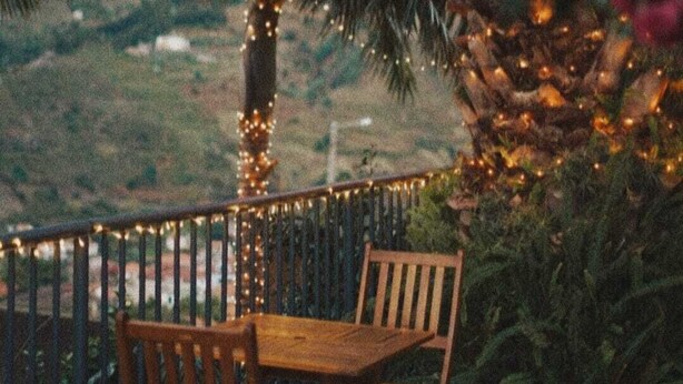 Eine Terrasse mit Holztisch und -stühlen, umgeben von Grünpflanzen und Palmen, mit Lichterketten.