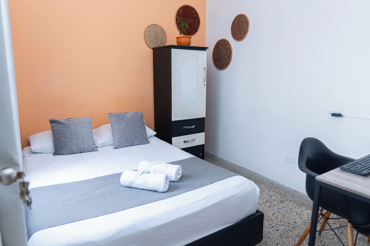 A hotel room with a bed, a desk, a wardrobe, and a potted plant.