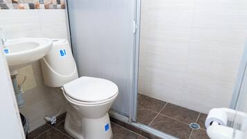 Une salle de bain avec des toilettes, un lavabo et une douche.