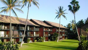 Un hotel con varios pisos, mesas al aire libre y palmeras.