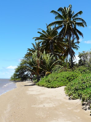 On the beach, sun-loungers, beach towels
