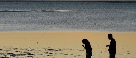 Escena de playa con dos figuras silueteadas contra el atardecer.