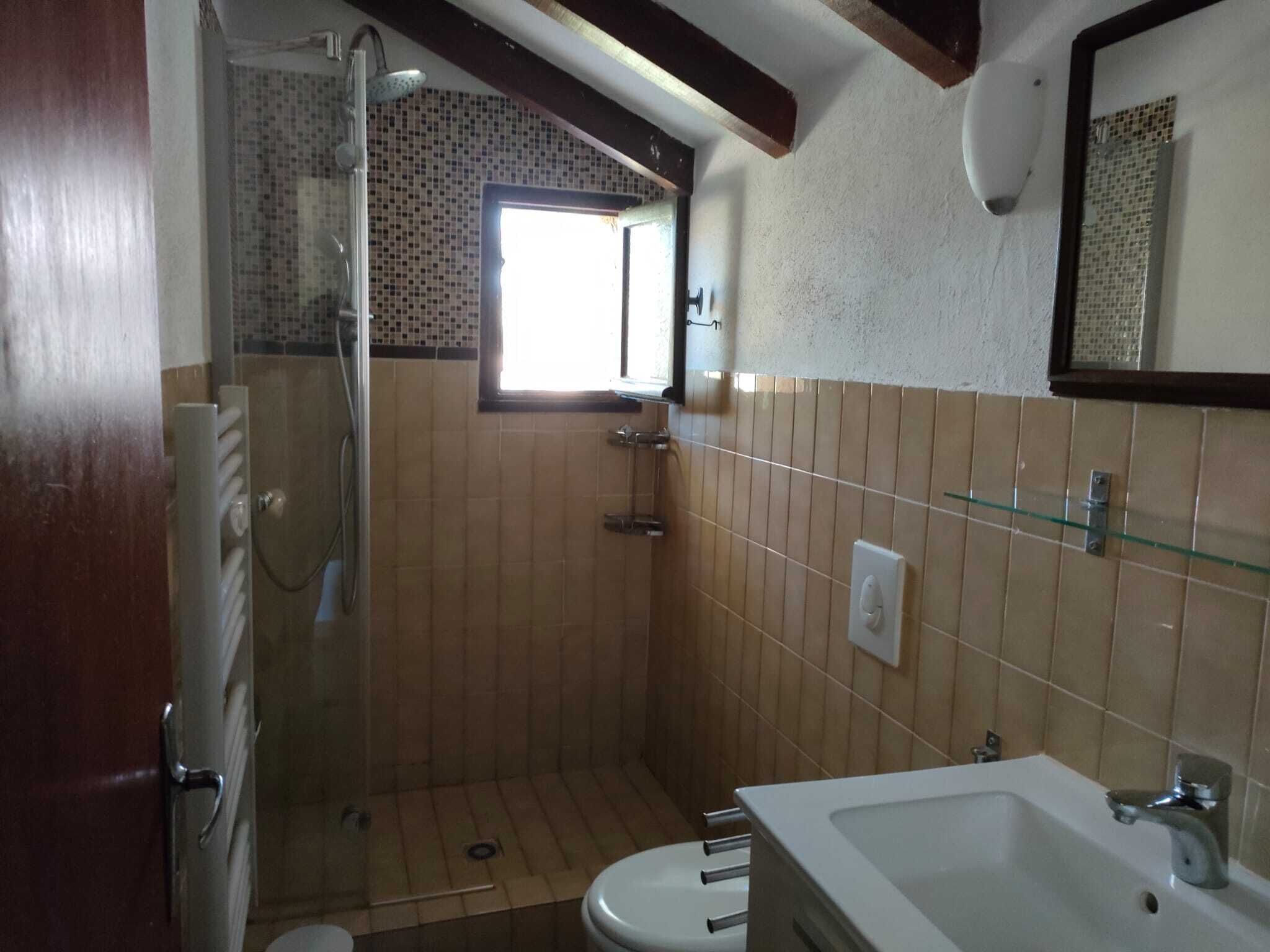 Een badkamer met douche, toilet en wastafel.