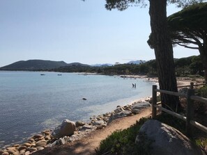 On the beach, sun-loungers