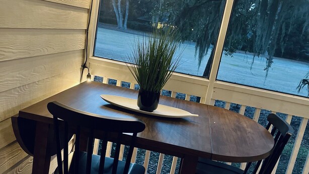Um deck de madeira com uma mesa, cadeiras, um vaso de planta e vista para árvores e água.
