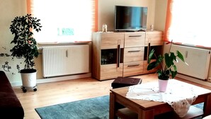 A living room with a sofa, a coffee table, a TV on a stand, wooden cabinets, and two potted plants.