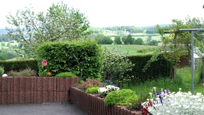 A garden with a brick wall, various plants, and a view of a rural landscape.