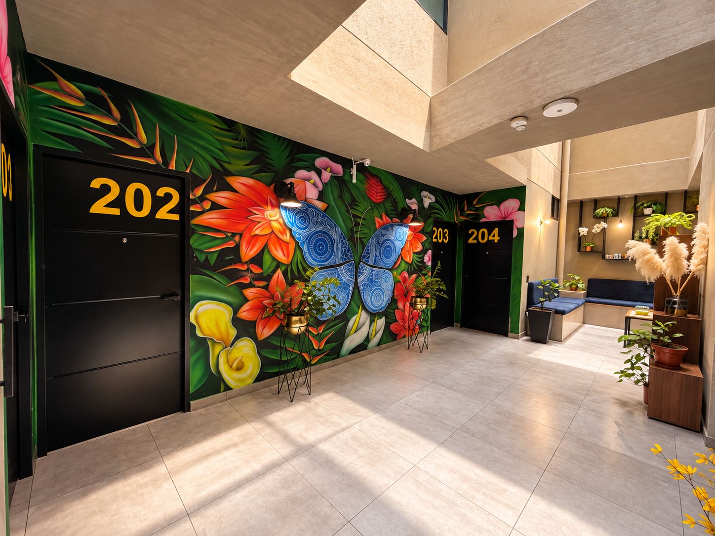 A hotel lobby with a vibrant floral mural, two black doors labeled 202 and 204, and a seating area with plants.
