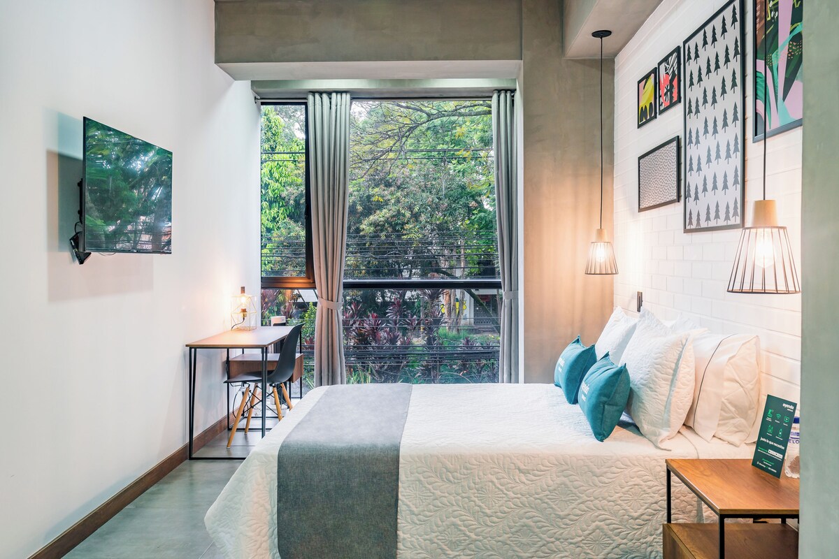 A modern hotel room with a large bed, a desk, and a view of greenery through the window.