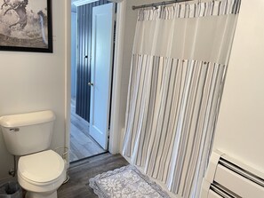 A bathroom with a toilet, a shower curtain, and a framed picture on the wall. - West Avenue Place, quiet neighborhood, close to downtown (Cody)