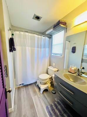 Combined shower/bathtub, hair dryer, towels, soap