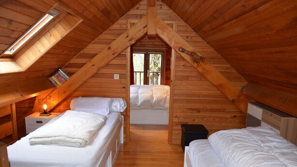 A cozy attic bedroom with two beds, wooden walls, and a skylight. - WARM ALTITUDE BARN, Cambasque, 8 people (Cauterets)