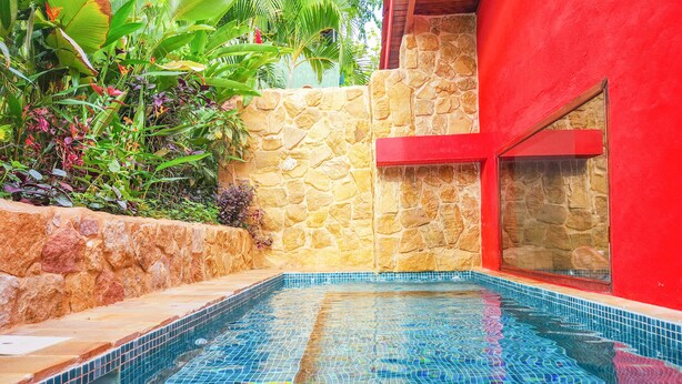 A swimming pool with tiled flooring, surrounded by a stone wall and lush greenery.