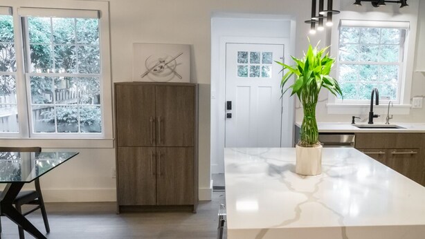 A modern kitchen with a marble island, wooden cabinets, and a potted plant.