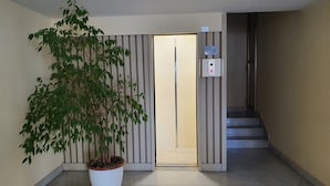 A hallway with a potted tree, a door with a light switch, and a staircase. - Apartment with a/c far 50 m from the sea (Viareggio)
