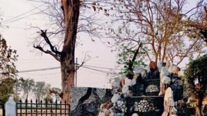 A stone wall with a decorative rock garden and a metal gate. - Suite with Balcony 2 (Ramnagar)