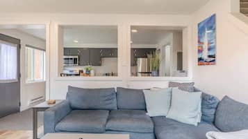 TV, fireplace, books, offices