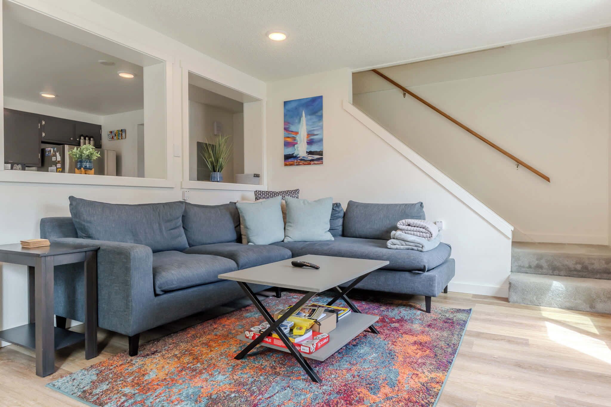 TV, fireplace, books, offices