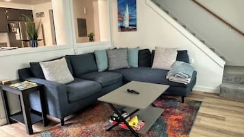 TV, fireplace, books, offices