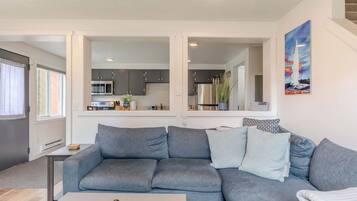 TV, fireplace, books, offices