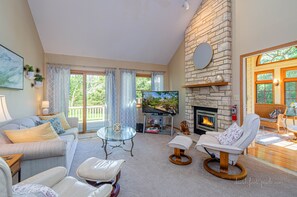 Smart TV, fireplace, books