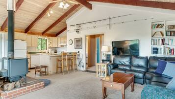 Televisión, reproductor de DVD, libros y videoteca