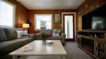 Smart-tv, een open haard, een dvd-speler en boeken