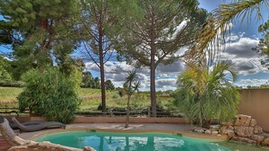 Piscina com deck de madeira, rodeada por árvores diversas e um muro de pedra.