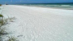 En bred sandstrand med klarblå himmel och vågor som rullar in mot stranden.