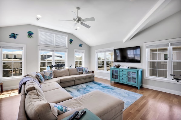 Smart TV, DVD player, foosball, books