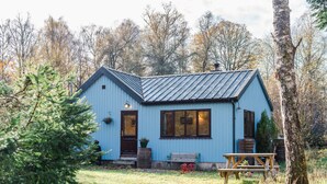 Una casa pequeña de un solo piso, con fachada azul y techo metálico inclinado, rodeada de árboles y un jardín cubierto de césped.