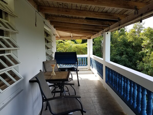 En inglasad balkong med ett bord och stolar, utsikt över grönområden och ett vitt räcke.