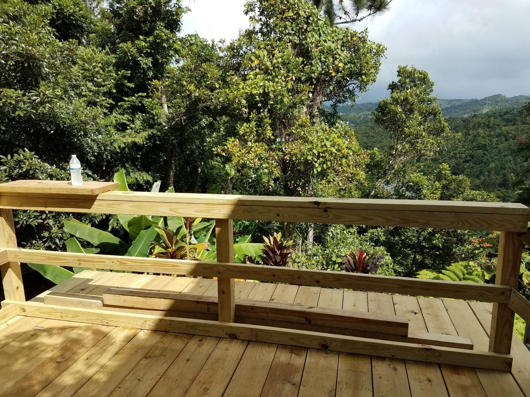 Une terrasse en bois dotée d’une balustrade, qui offre une vue sur un paysage verdoyant et luxuriant.