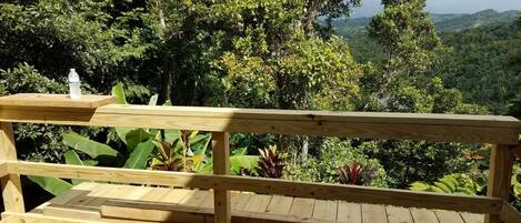 A wooden deck with a railing overlooking a lush, green landscape.