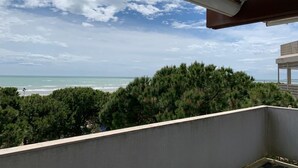 A balcony with a view of the ocean and trees.