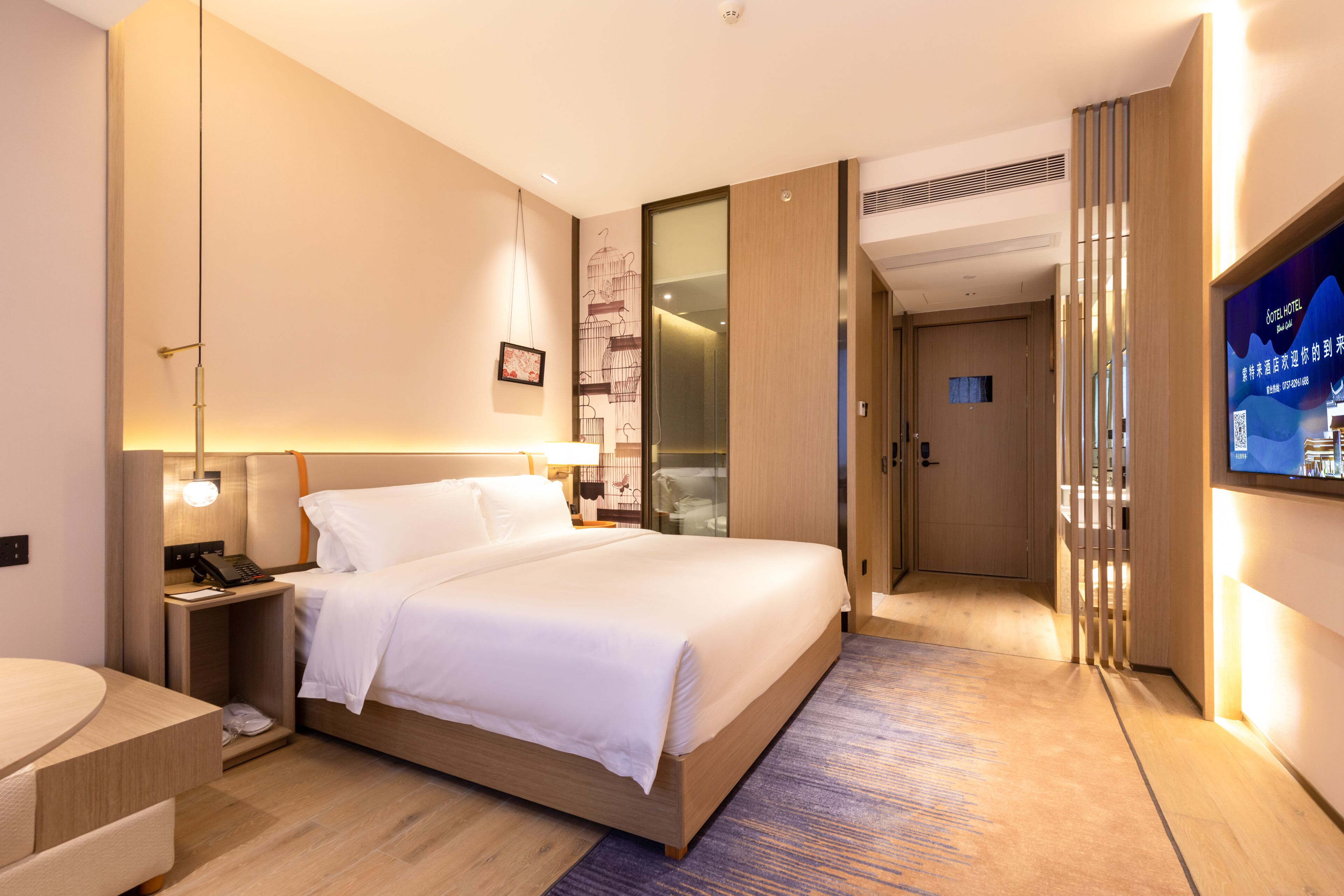 A hotel room with a large bed, bedside table, lamp, and a TV on the wall.