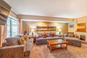 Smart TV, fireplace, foosball, table tennis