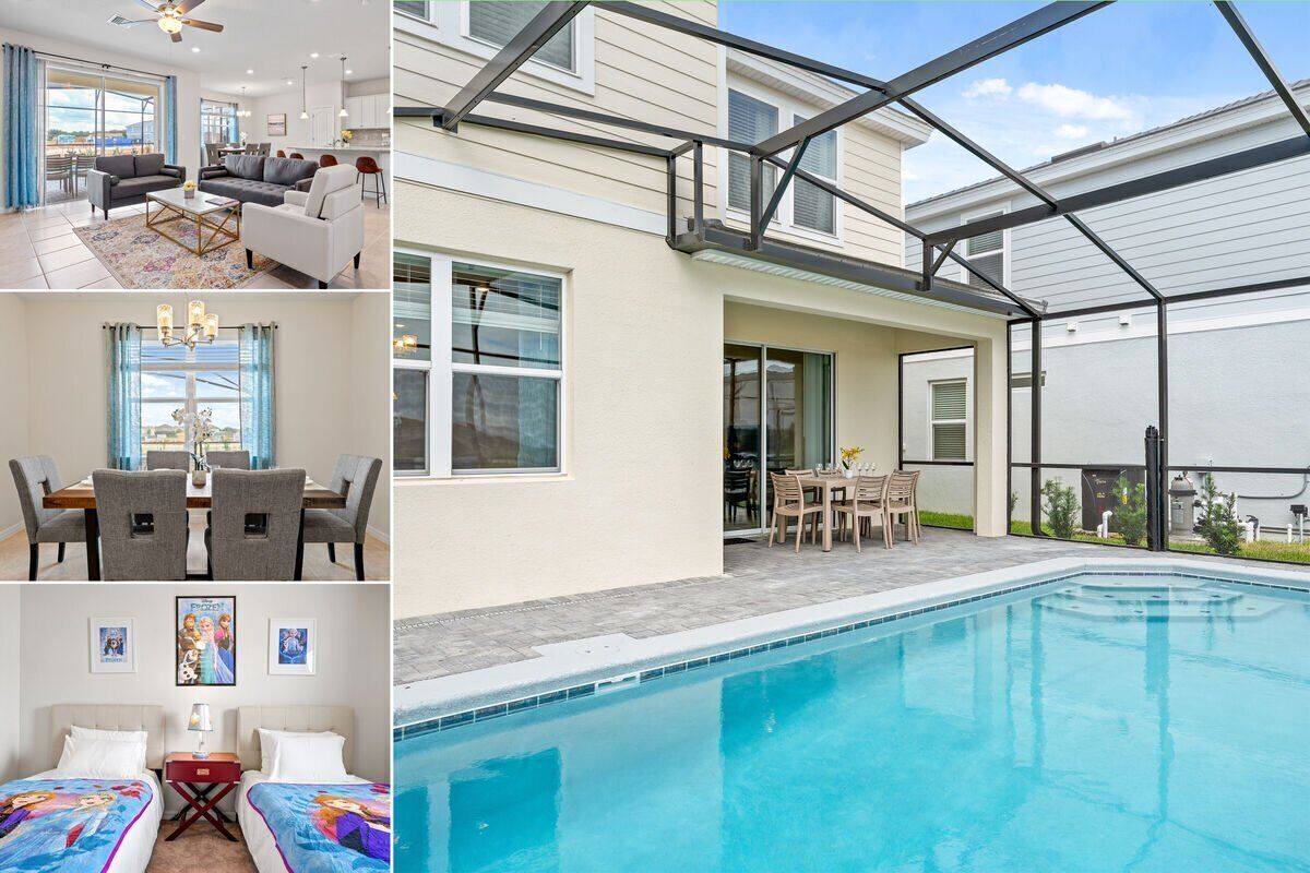 Ein modernes Haus mit überdachter Terrasse, Schwimmbad und Essbereich.