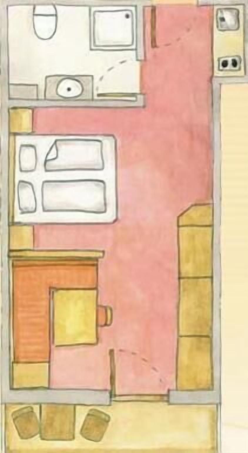 A room with a bed, a bedside table, a window, and a door.