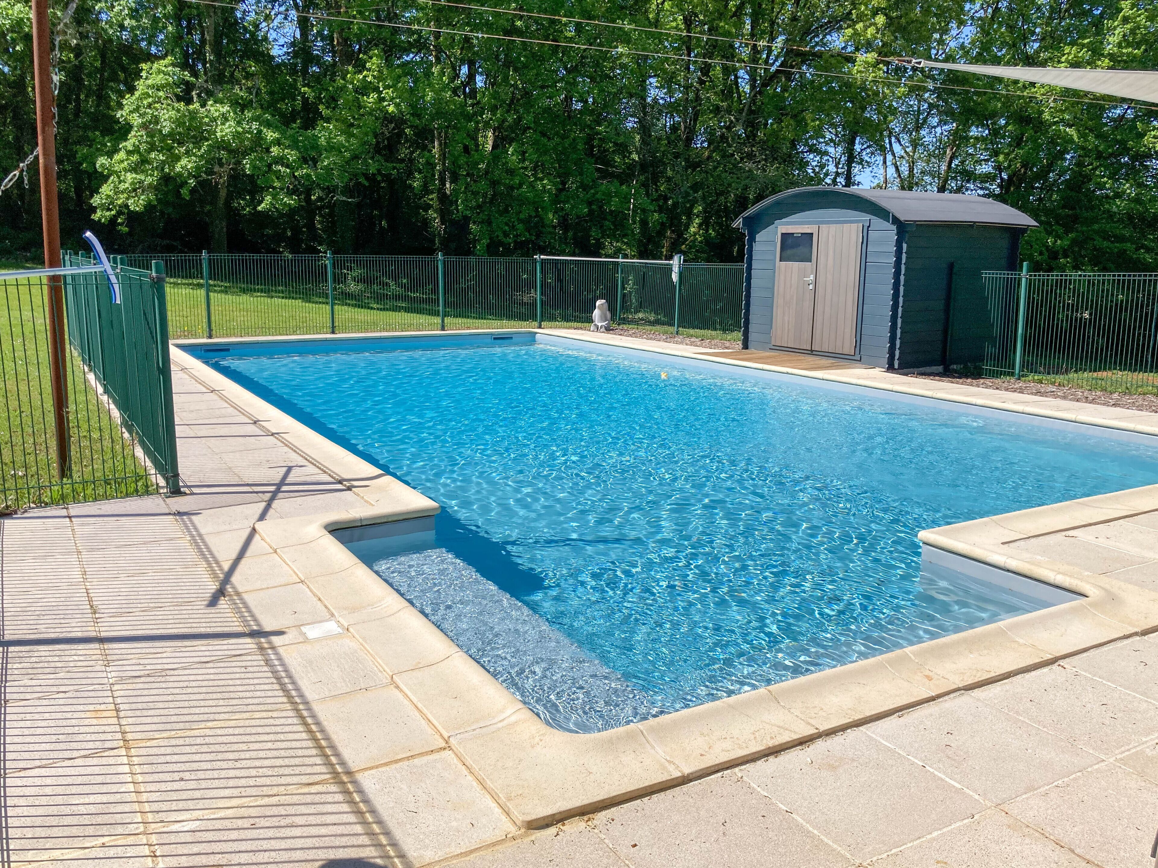 Une piscine rectangulaire avec une terrasse carrelée et un petit abri de jardin en arrière-plan.