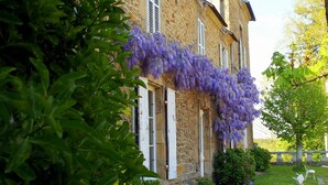 Un edificio in pietra con persiane bianche e edera fiorita viola.