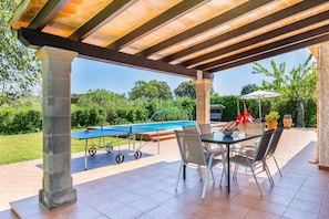 Outdoor dining - Holiday Home Can Amer with Mountain View, Wi-Fi, A/C, Pool, Garden & Terrace (Pollensa)